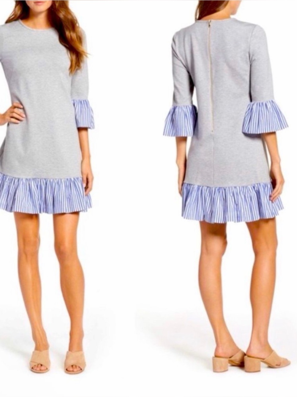 Eliza J Gray Shift Dress with Blue Stripe Ruffle size 4